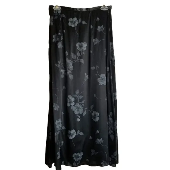 Vintage 90s TR Bentley Black Floral Satin Maxi Skirt Sz 10 Gothic Dark Academia