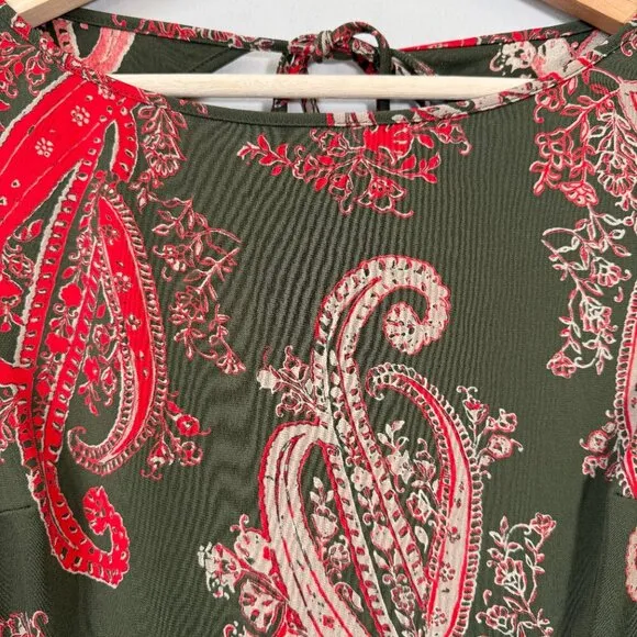 Vintage BCBG Paisley Open Back Mini Dress Women's Medium Green Red Y2K Party