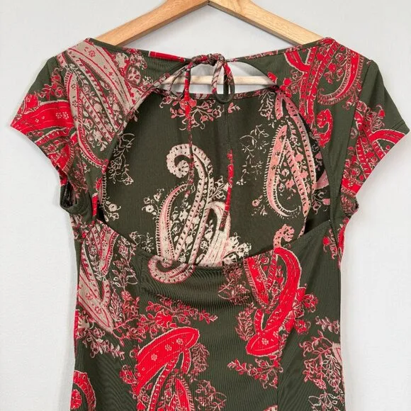 Vintage BCBG Paisley Open Back Mini Dress Women's Medium Green Red Y2K Party
