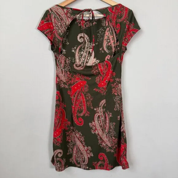 Vintage BCBG Paisley Open Back Mini Dress Women's Medium Green Red Y2K Party