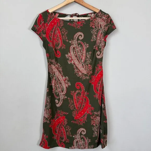 Vintage BCBG Paisley Open Back Mini Dress Women's Medium Green Red Y2K Party