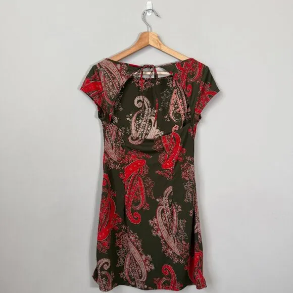 Vintage BCBG Paisley Open Back Mini Dress Women's Medium Green Red Y2K Party