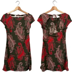 Vintage BCBG Paisley Open Back Mini Dress Women's Medium Green Red Y2K Party