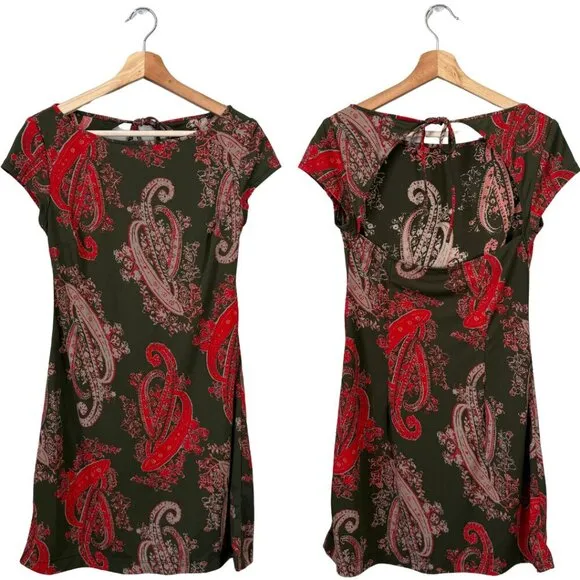 Vintage BCBG Paisley Open Back Mini Dress Women's Medium Green Red Y2K Party