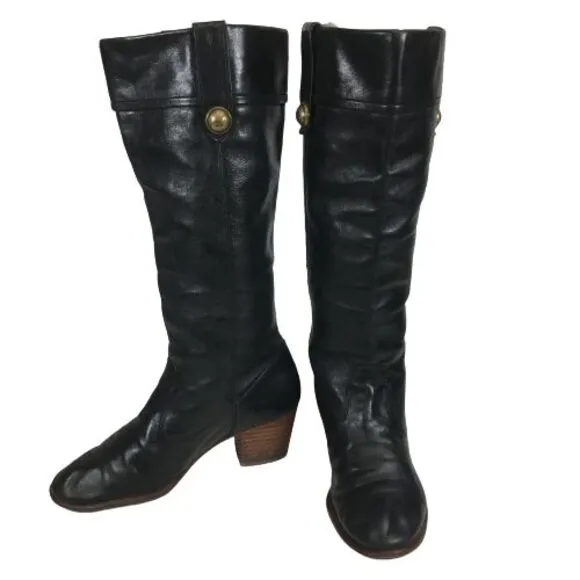 Vintage Coach Fayth Black Leather Knee High Boots 6.5 B Brass Button Block Heel