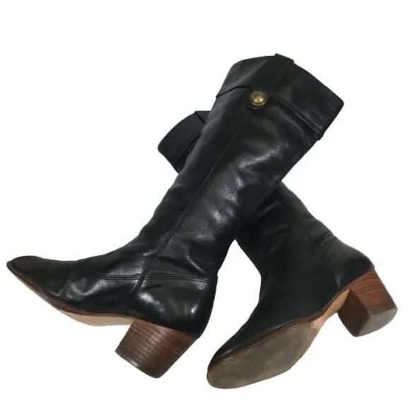 Vintage Coach Fayth Black Leather Knee High Boots 6.5 B Brass Button Block Heel