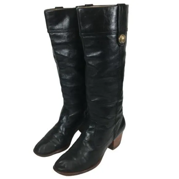 Vintage Coach Fayth Black Leather Knee High Boots 6.5 B Brass Button Block Heel