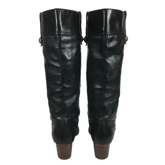 Vintage Coach Fayth Black Leather Knee High Boots 6.5 B Brass Button Block Heel