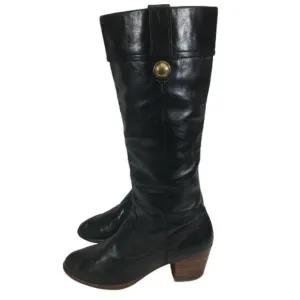 Vintage Coach Fayth Black Leather Knee High Boots 6.5 B Brass Button Block Heel