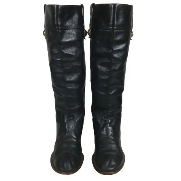 Vintage Coach Fayth Black Leather Knee High Boots 6.5 B Brass Button Block Heel