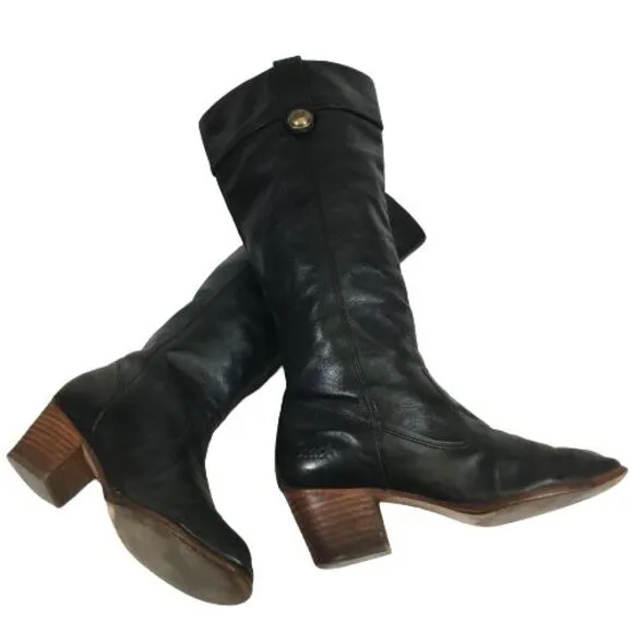 Vintage Coach Fayth Black Leather Knee High Boots 6.5 B Brass Button Block Heel