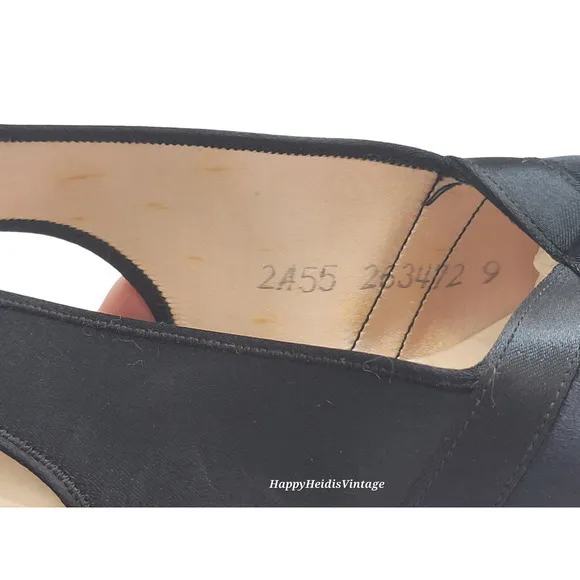 Vintage Daniel Green Black Retro Glam Satin Open‎ Toe Sling Back Slippers Shoes