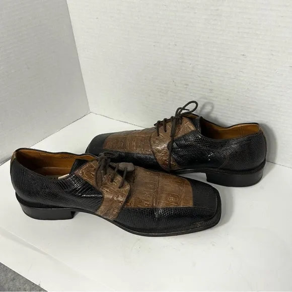 Vintage David Eden Men’s Crocodile Oxford Shoe Brown Lace Up Malik Two Tone 11M