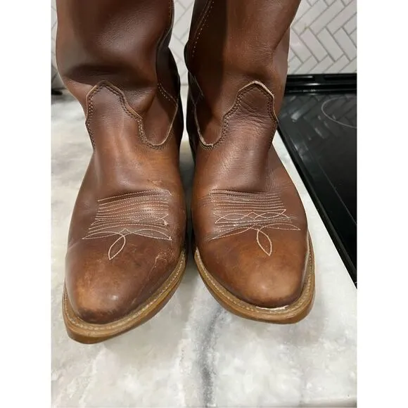 Vintage Double H Boot Ranch Wellington Brown Leather Cowboy Work Boots Sz 10.5