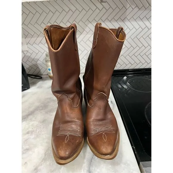Vintage Double H Boot Ranch Wellington Brown Leather Cowboy Work Boots Sz 10.5