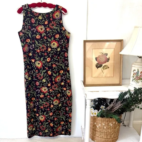 Vintage Floral Sleeveless Sundress - Black and Red Orange Sz 14