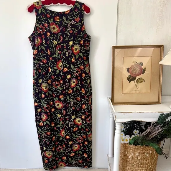Vintage Floral Sleeveless Sundress - Black and Red Orange Sz 14
