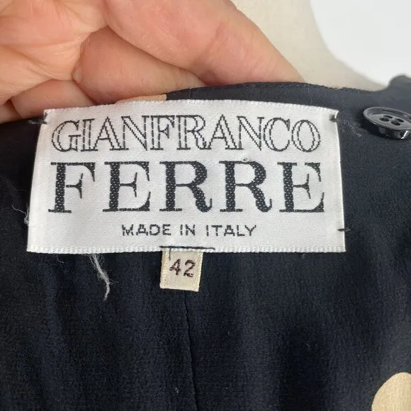 Vintage Gianfranco Ferre Black Wool Jacket Removable Dotted Silk Lining US 6