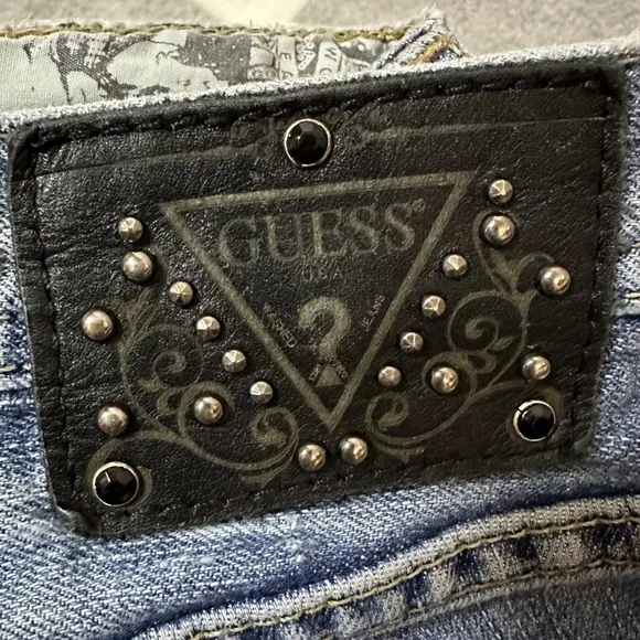 VINTAGE GUESS Scarlet Skinny Leg Bedazzle Y2K Low Rise Hip Hugger Denim Jeans 27
