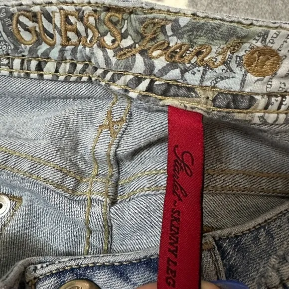 VINTAGE GUESS Scarlet Skinny Leg Bedazzle Y2K Low Rise Hip Hugger Denim Jeans 27