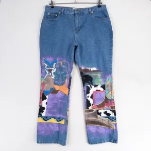 Vintage Kolorway USA Jeans Womens XL Hand Painted Western Boots Cowgirl Bling