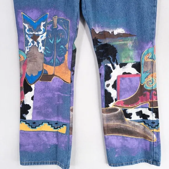 Vintage Kolorway USA Jeans Womens XL Hand Painted Western Boots Cowgirl Bling