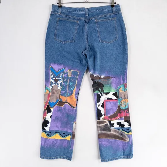 Vintage Kolorway USA Jeans Womens XL Hand Painted Western Boots Cowgirl Bling