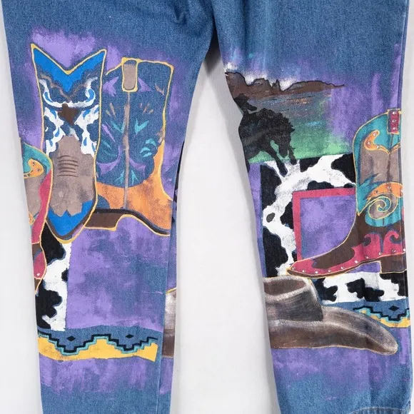 Vintage Kolorway USA Jeans Womens XL Hand Painted Western Boots Cowgirl Bling