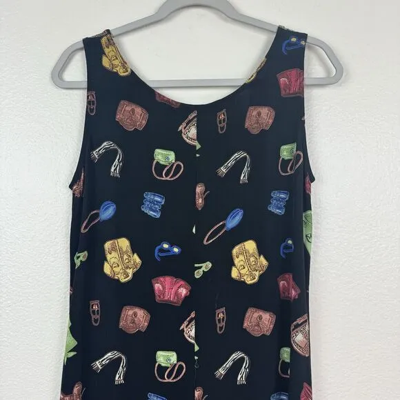 Vintage Loco Lindo Sleeveless Maxi Dress Vacation Tourist Novelty Print Black S
