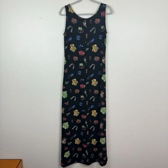 Vintage Loco Lindo Sleeveless Maxi Dress Vacation Tourist Novelty Print Black S