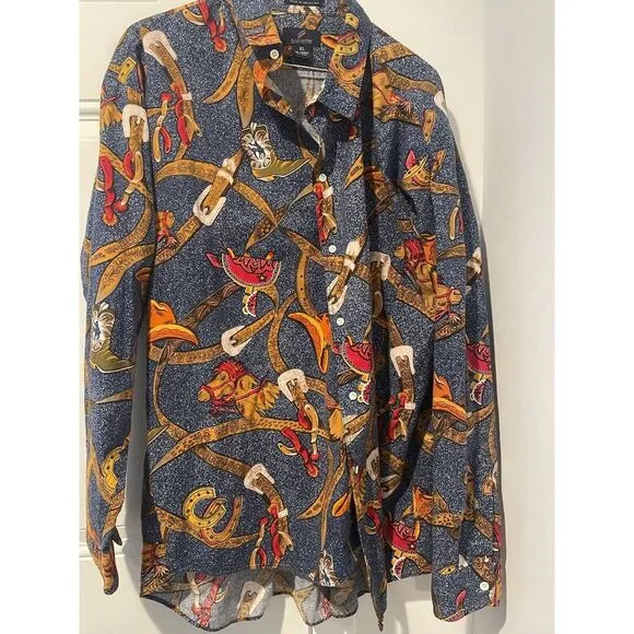 Vintage Men's Daniel Hechter Wild West AOP Button‎ Down Sz XL Cowboy Horse Boots