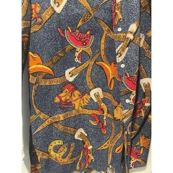 Vintage Men's Daniel Hechter Wild West AOP Button‎ Down Sz XL Cowboy Horse Boots