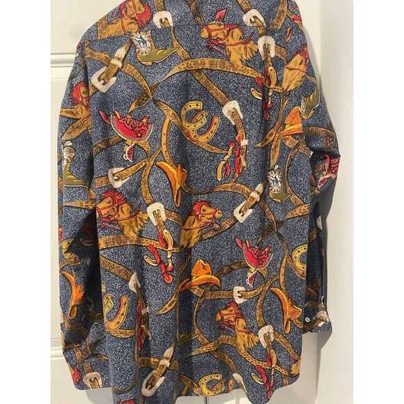 Vintage Men's Daniel Hechter Wild West AOP Button‎ Down Sz XL Cowboy Horse Boots