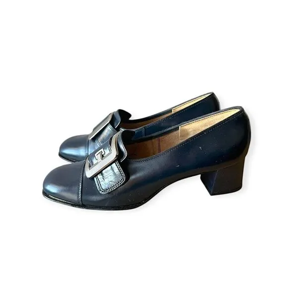 Vintage Navy Leather Slip On Heel with Large Buckles. Size 8.5. Inspirations by