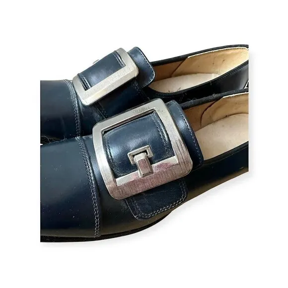 Vintage Navy Leather Slip On Heel with Large Buckles. Size 8.5. Inspirations by