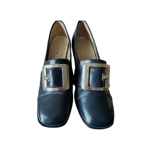 Vintage Navy Leather Slip On Heel with Large Buckles. Size 8.5. Inspirations by