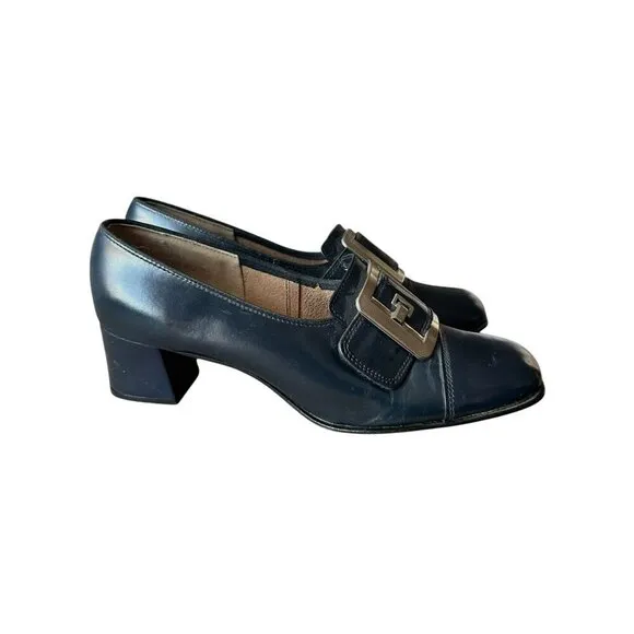 Vintage Navy Leather Slip On Heel with Large Buckles. Size 8.5. Inspirations by