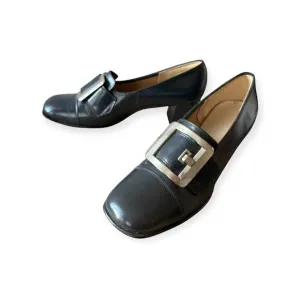 Vintage Navy Leather Slip On Heel with Large Buckles. Size 8.5. Inspirations by
