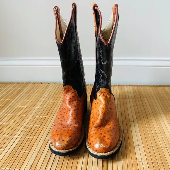 Vintage Old West Ostrich Embossed Leather Black British Tan Unisex Cowboy Boots