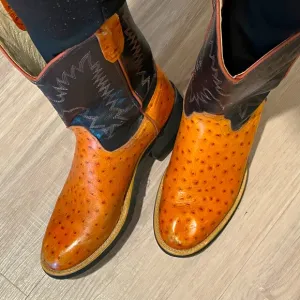 Vintage Old West Ostrich Embossed Leather Black British Tan Unisex Cowboy Boots