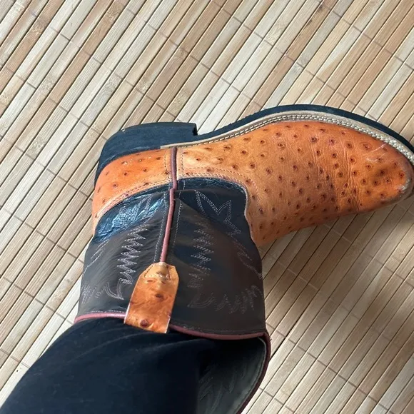 Vintage Old West Ostrich Embossed Leather Black British Tan Unisex Cowboy Boots