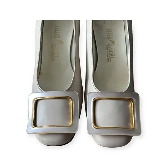 Vintage Palter DeLiso Mod Cream Leather Pumps with Buckle, Size 6 1/2B