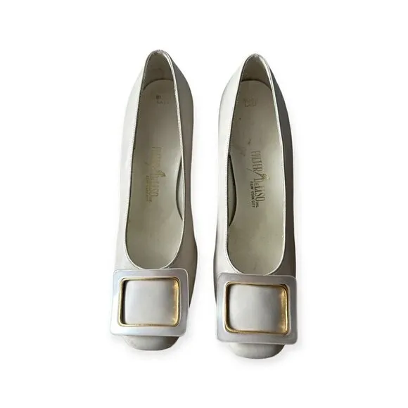 Vintage Palter DeLiso Mod Cream Leather Pumps with Buckle, Size 6 1/2B
