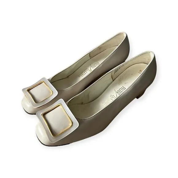 Vintage Palter DeLiso Mod Cream Leather Pumps with Buckle, Size 6 1/2B