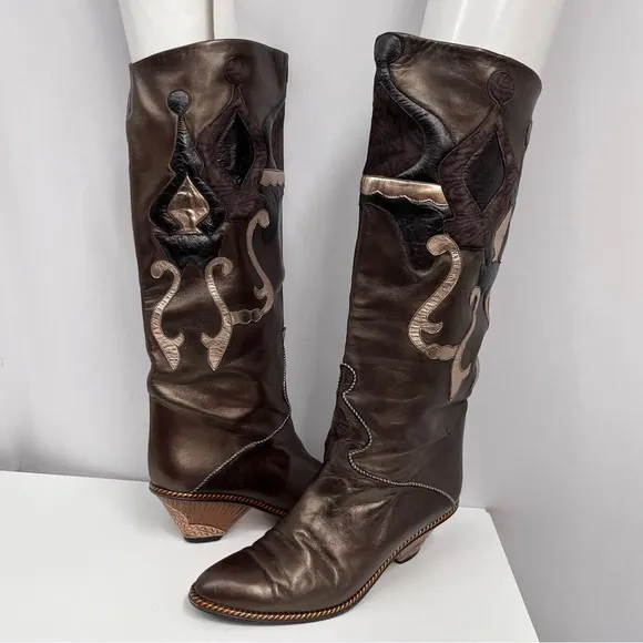 Vintage Pedrino Leather Boots Zurich ARTSY Metallic Brown Raised Design 7.5 38 8