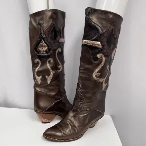 Vintage Pedrino Leather Boots Zurich ARTSY Metallic Brown Raised Design 7.5 38 8