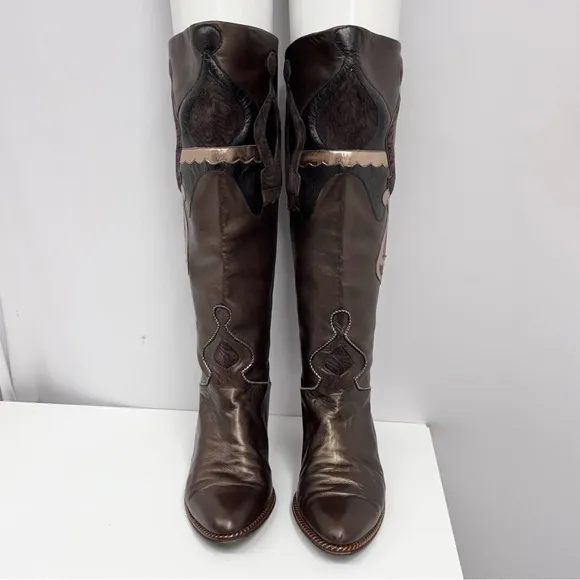 Vintage Pedrino Leather Boots Zurich ARTSY Metallic Brown Raised Design 7.5 38 8