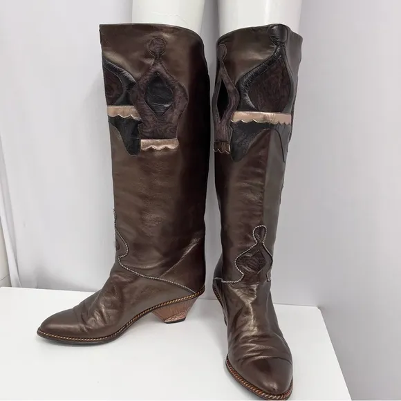 Vintage Pedrino Leather Boots Zurich ARTSY Metallic Brown Raised Design 7.5 38 8