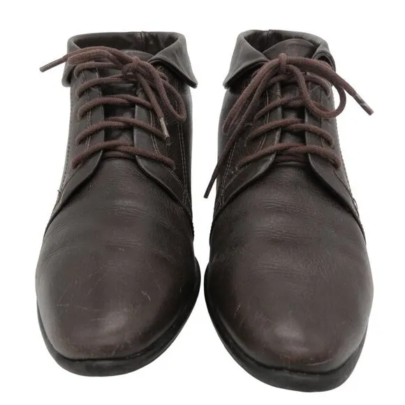 VINTAGE Women's 80s Brown Leather Fold Over Lace Up Ankle Booties 6M Flat Boots
