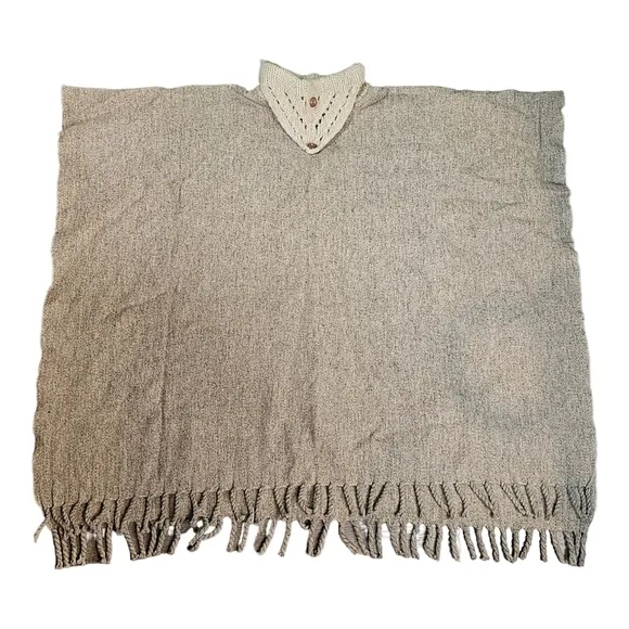 Vintage Wool Poncho Fringe Brown Tan Blanket Ruana Cape 42 × 32&quot;